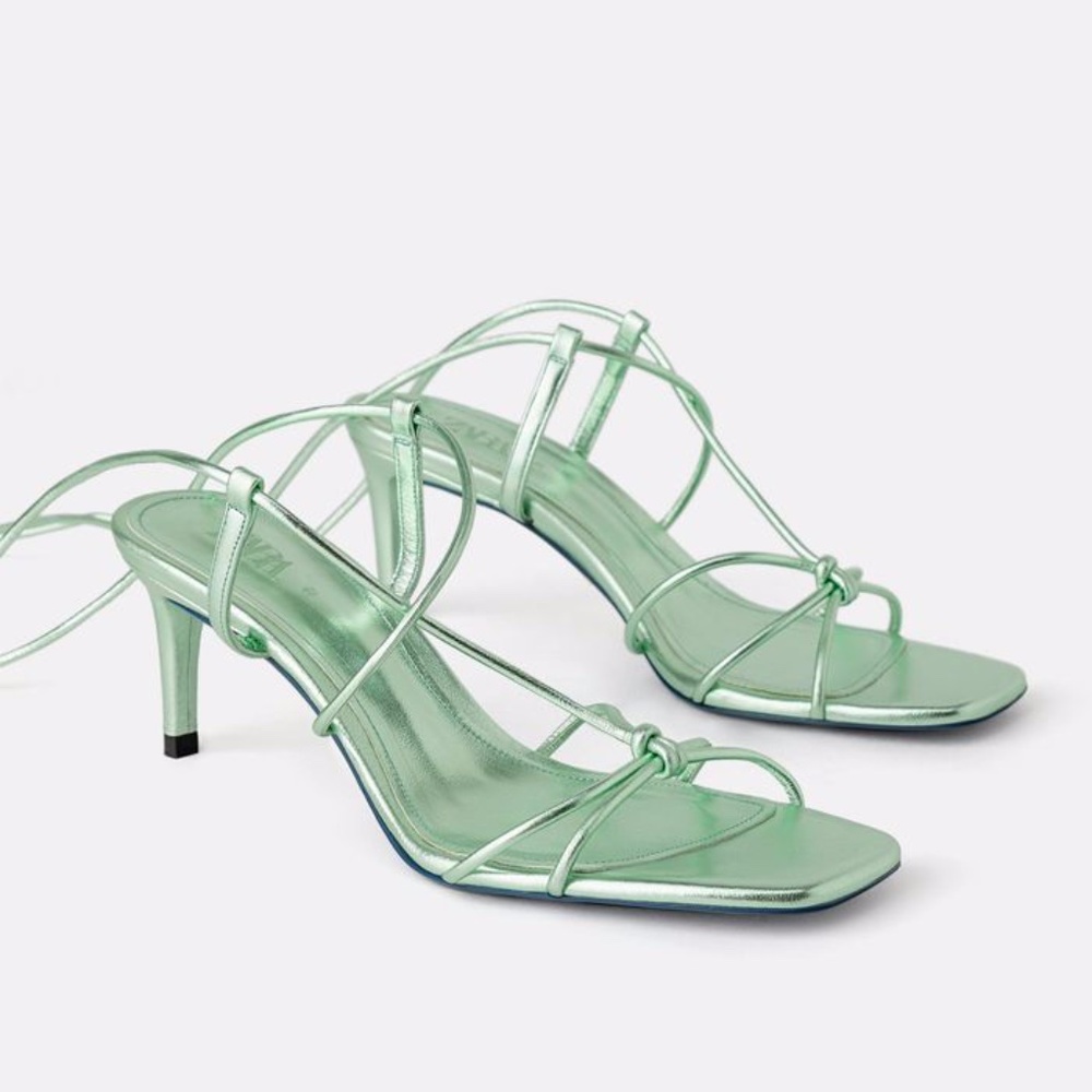 Genuine leather metallic green mid strapy heel